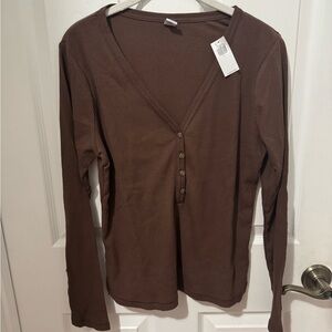 Old Navy Brown Ribbed Henley Long Sleeve Top